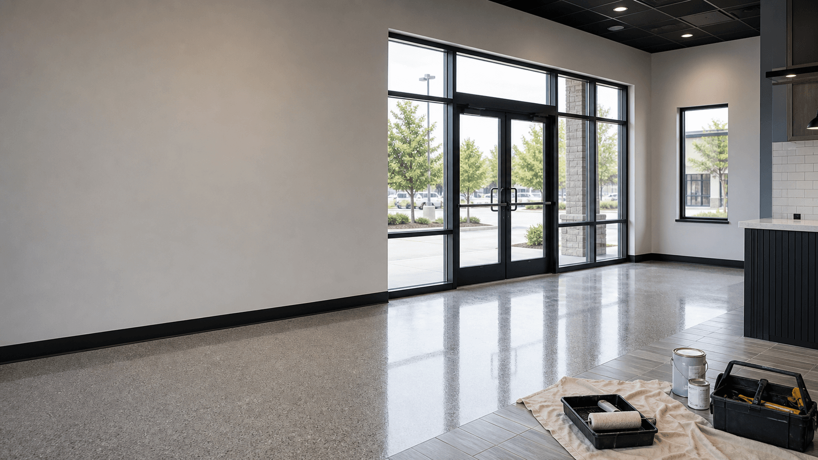 Commercial interior with fresh paint and epoxy floor work