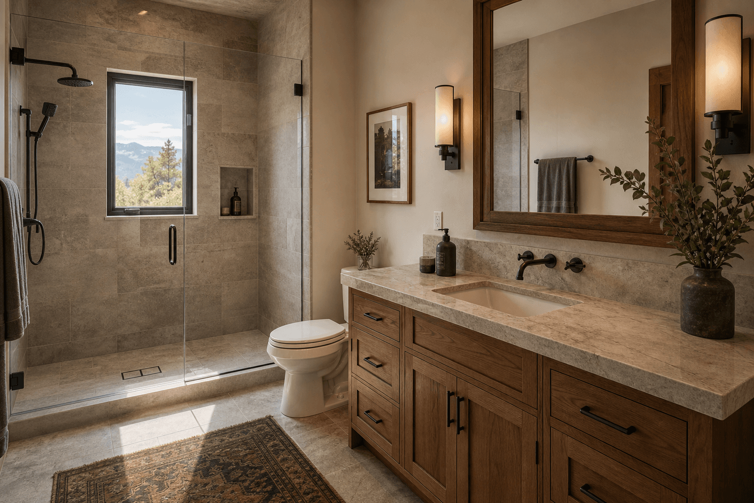 Bathroom surface refresh with stone tile, wood vanity, and glass shower