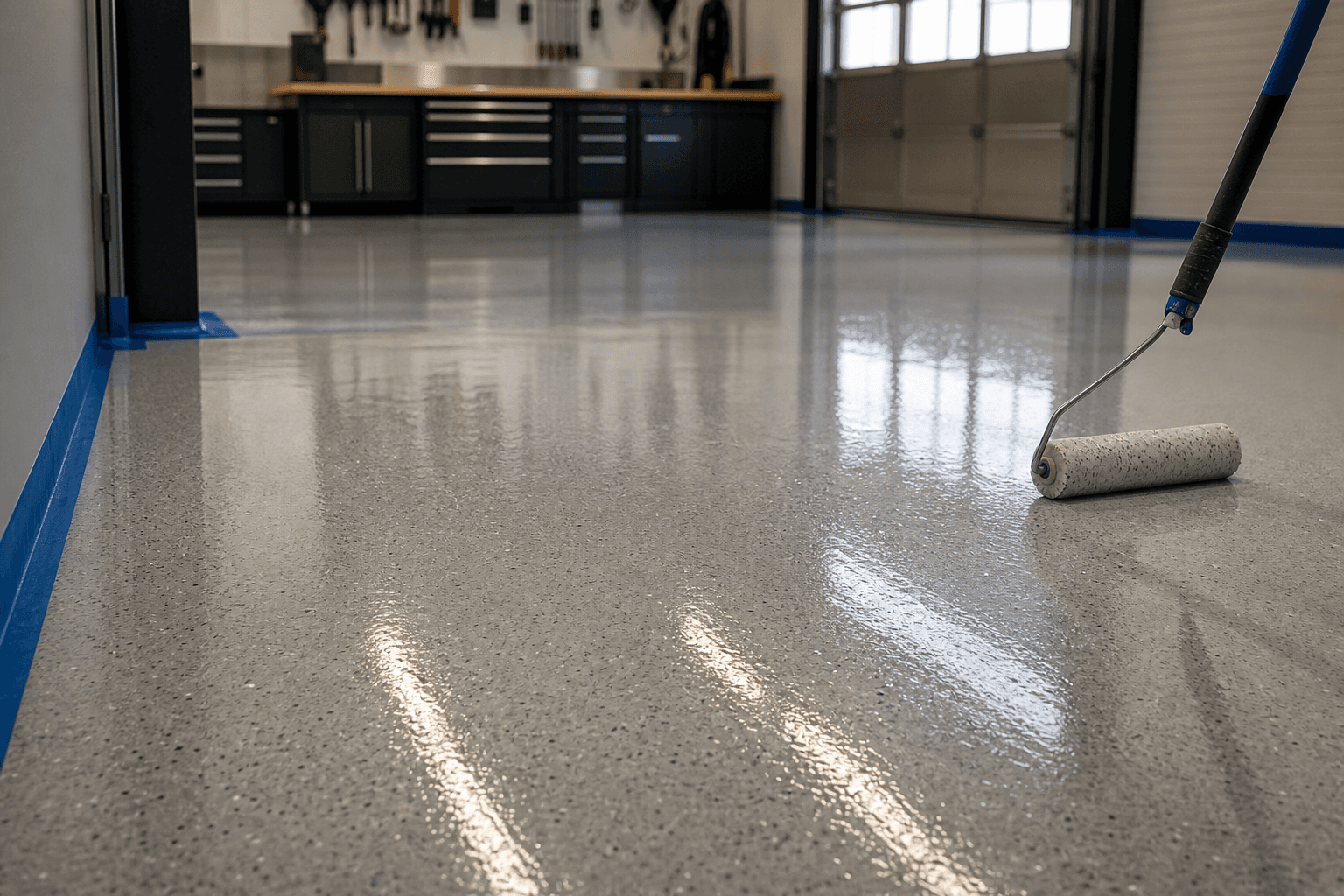Durable epoxy floor coating in a commercial workspace