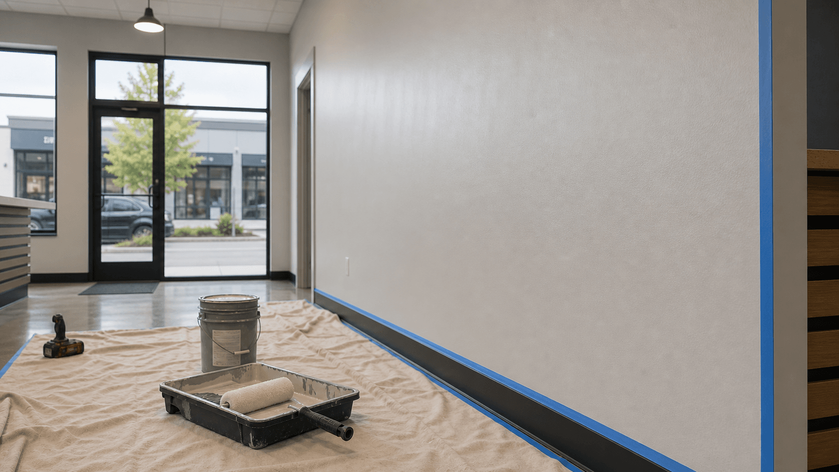 Protected commercial interior during professional painting work